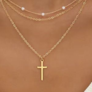 NWT Multi Layer cross necklace with faux pearls